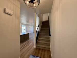 Entryway featuring wood-finish flooring, a contemporary ceiling fixture, and a carpeted staircase with dark railings