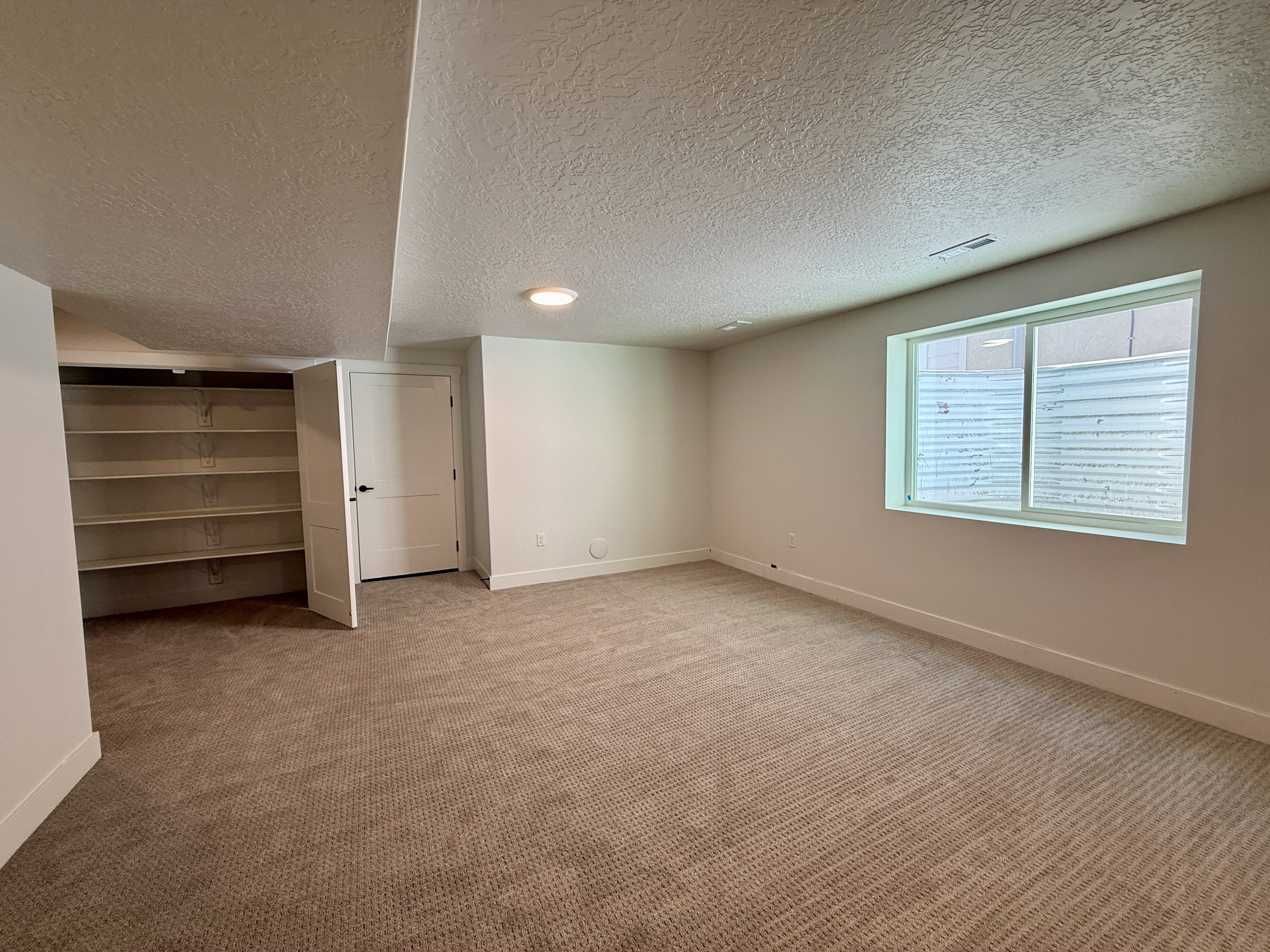 Spacious room featuring textured carpet, a built-in shelving unit, a two-panel interior door, a window, and a flush-mount ceiling light