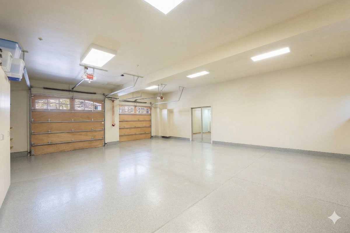 Spacious garage featuring two wood-panel garage doors with upper window inserts, an epoxy-coated concrete floor, and multiple overhead fluorescent light fixtures