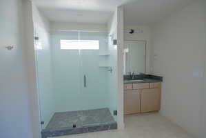 Contemporary bathroom featuring a spacious glass-enclosed shower with white subway tile, a dark tiled shower floor, and a transom window