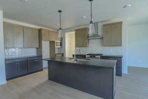 Modern kitchen featuring a central island with an undermount sink, dark countertops, a stainless steel range with a ventilation hood, and light wood-finish flooring