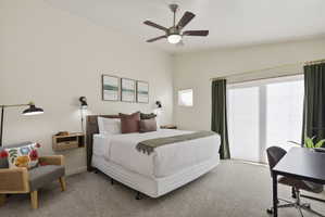 Recessed ceiling fan, carpet flooring, dual wall-mounted sconces, and a wood-finish headboard