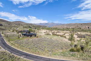 Modern residences situated on a hillside with broad natural landscaping, featuring a paved road and distant mountain ranges