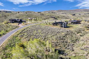 Expansive property showcasing a modern home with a dark exterior, a prominent chimney feature, and a long paved driveway