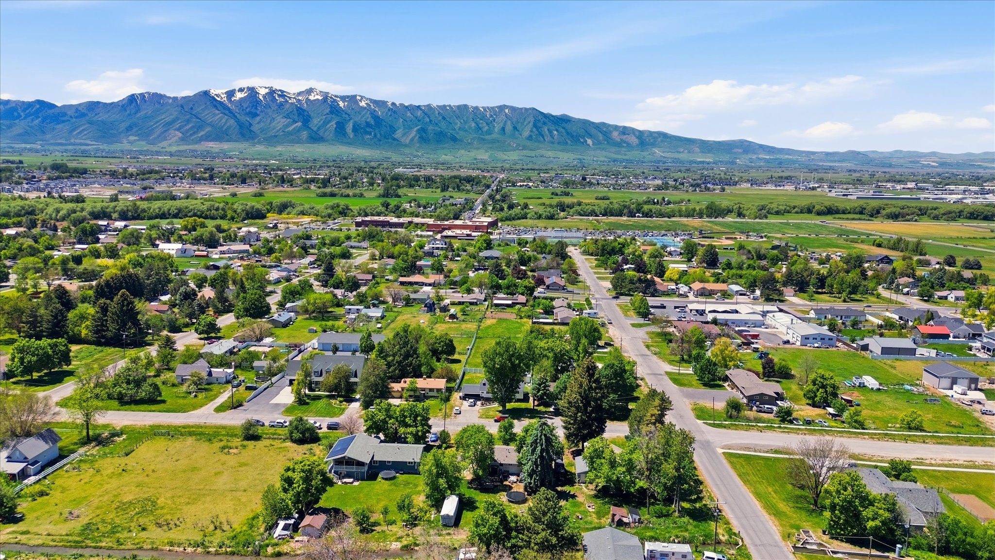 Expansive aerial perspective showcasing a residential area with mature trees and green spaces