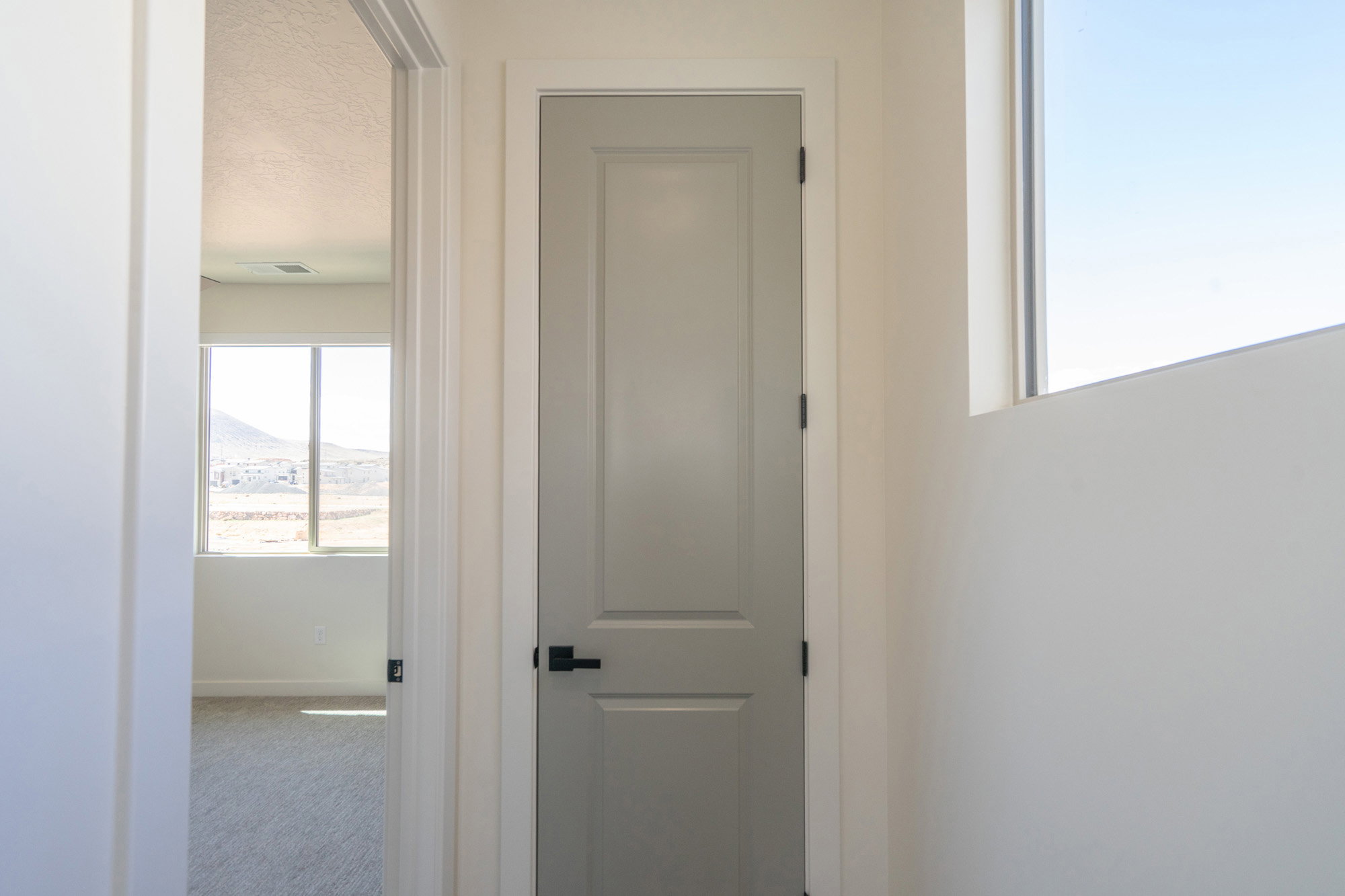 Interior hallway featuring a light gray paneled door with black hardware, white trim, and light-colored walls