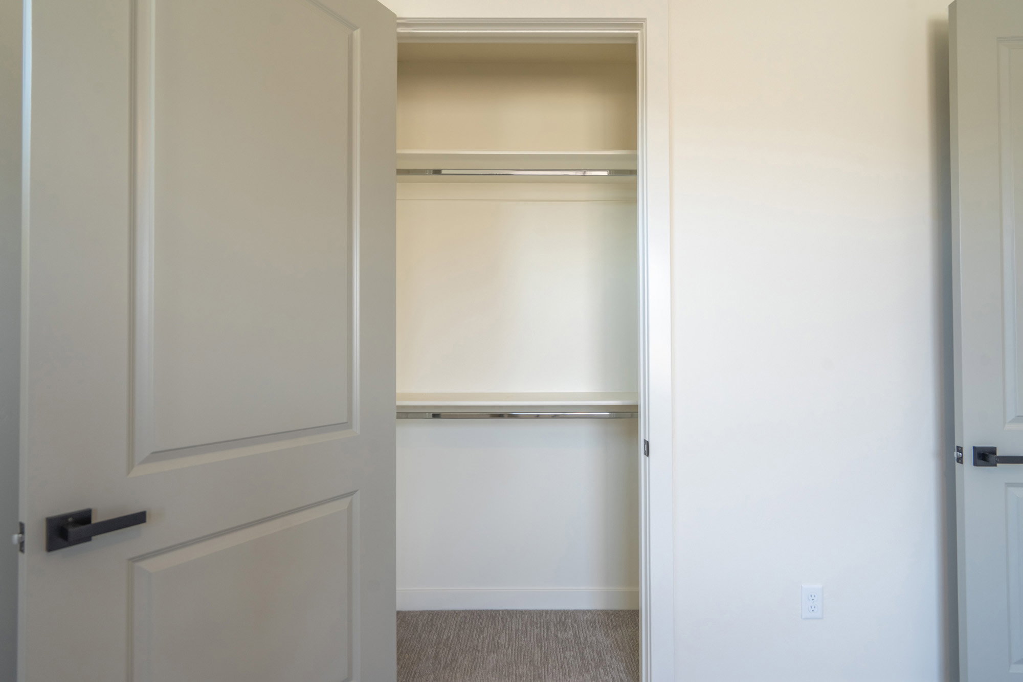 Spacious closet featuring built-in shelving, hanging rods, and carpet flooring