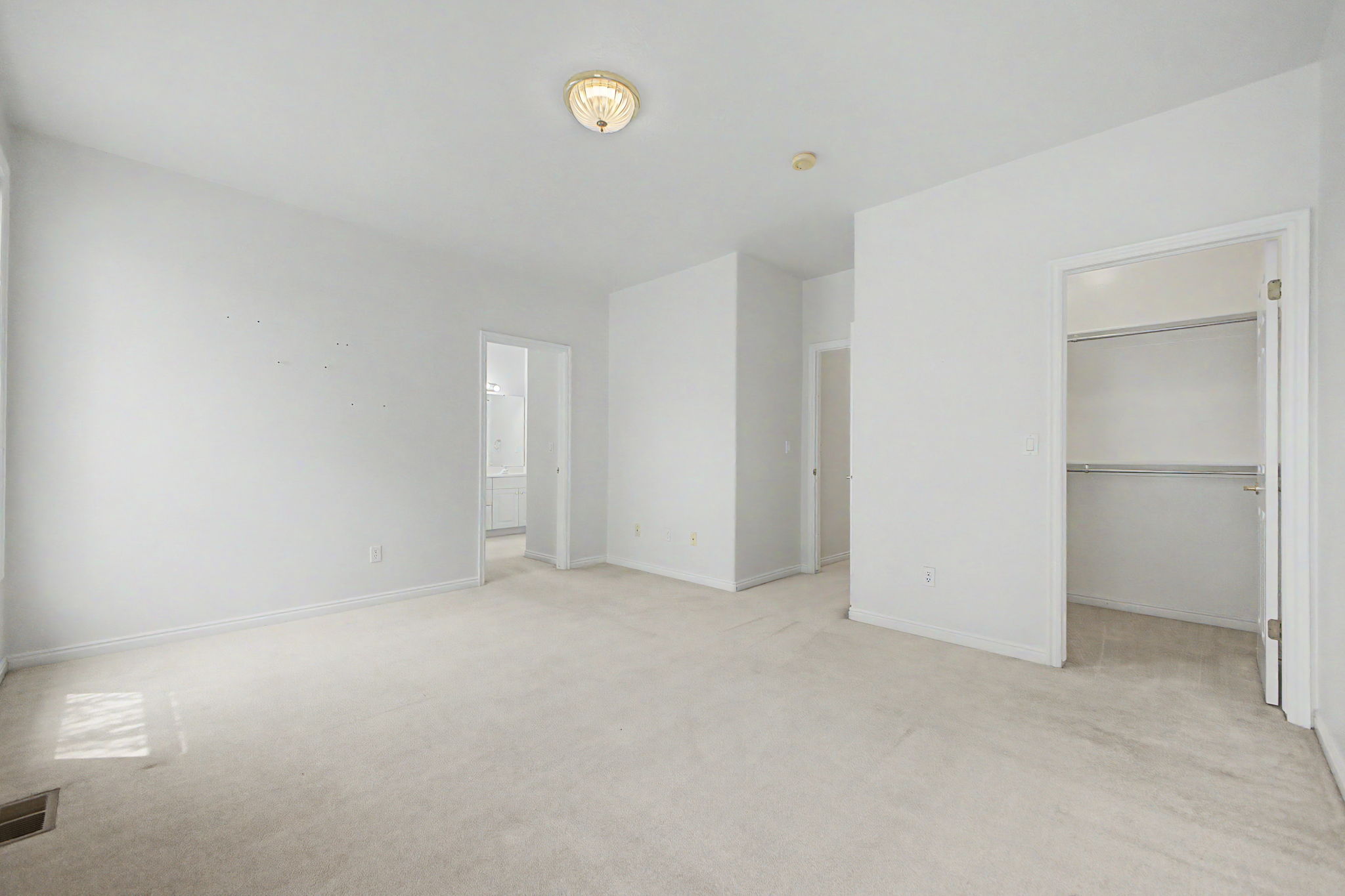 Spacious room featuring neutral carpet flooring, white painted walls, a flush-mount ceiling light, and an open closet with shelving and hanging rods