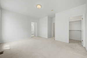 Spacious room featuring neutral carpet flooring, white painted walls, a flush-mount ceiling light, and an open closet with shelving and hanging rods