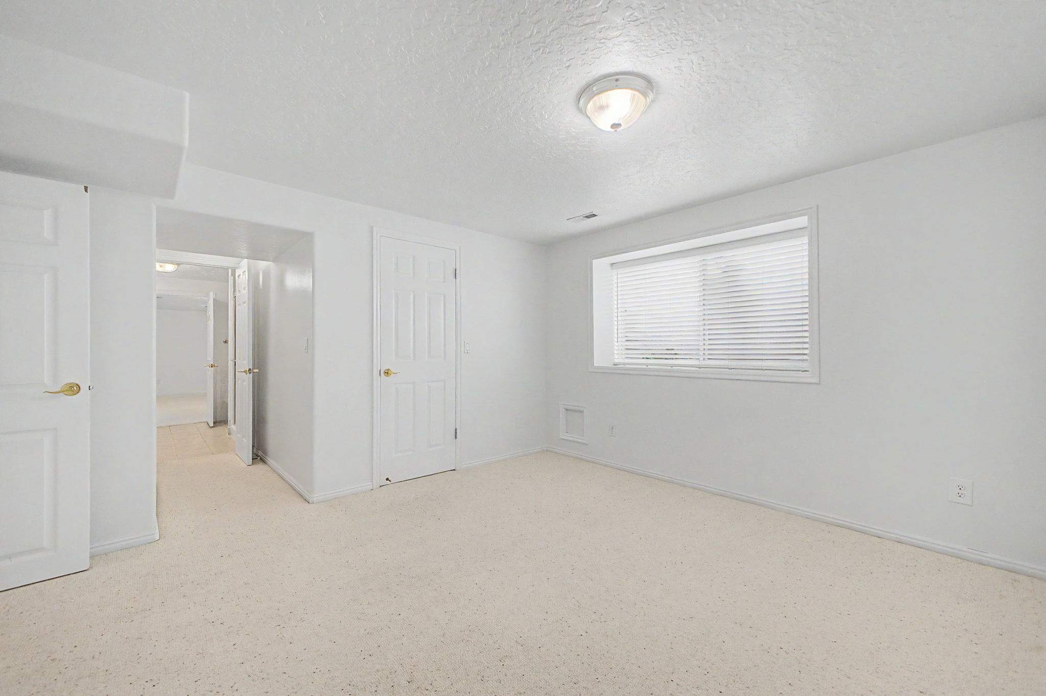Bright room featuring light-colored carpeting, a window with blinds, and multiple white paneled doors with brass-finish hardware