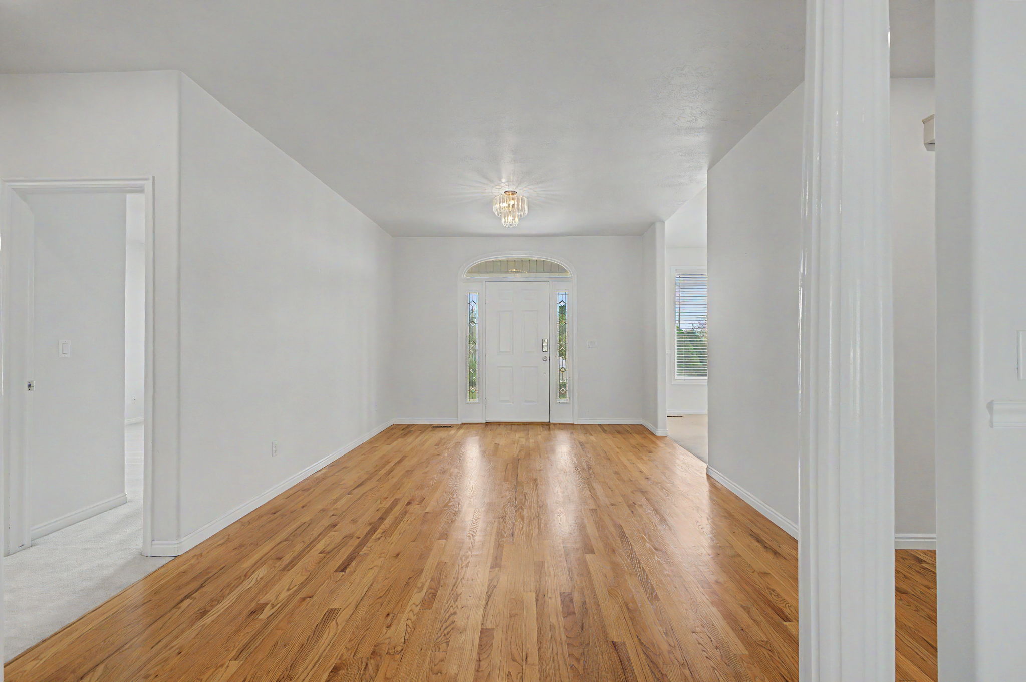 Entryway featuring wood-finish flooring, a decorative arched transom over the main door, and a multi-bulb ceiling fixture