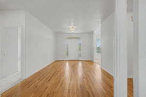 Entryway featuring wood-finish flooring, a decorative arched transom over the main door, and a multi-bulb ceiling fixture