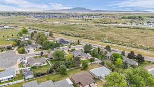 Aerial perspective showcasing a residential area with varied housing styles