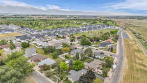 Expansive aerial perspective showcasing a residential area with varied housing styles