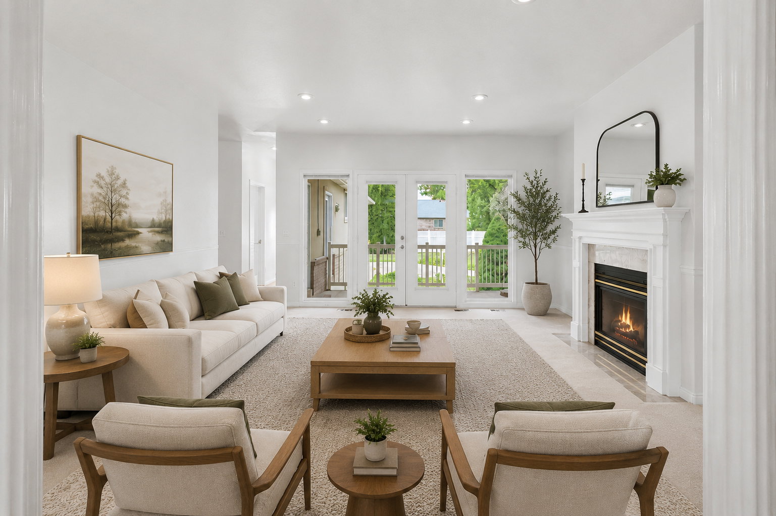 Virtually Staged-Bright living room featuring a decorative fireplace with a white mantel, recessed lighting, and French doors