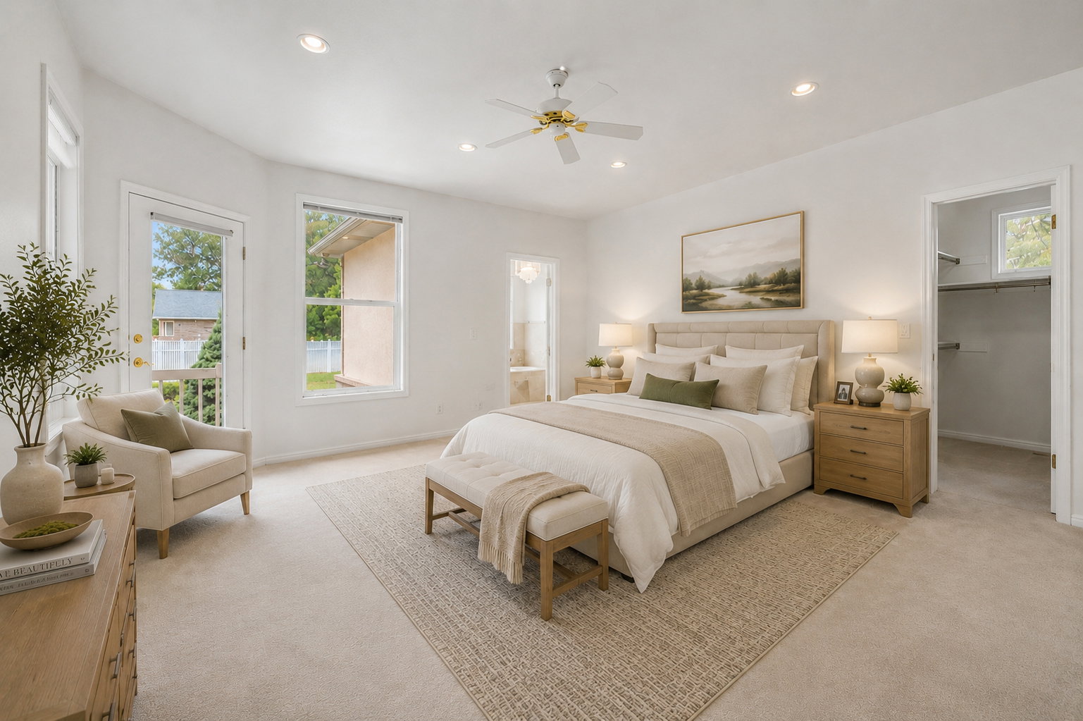 Virtually Staged-Carpeted room featuring a vaulted ceiling with recessed lighting and a ceiling fan, a glass-paned door, and a single window