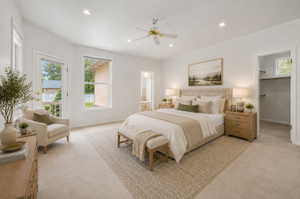 Virtually Staged-Carpeted room featuring a vaulted ceiling with recessed lighting and a ceiling fan, a glass-paned door, and a single window