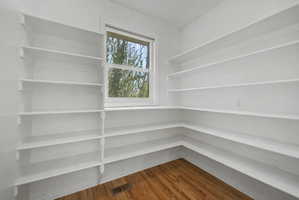 Spacious pantry featuring extensive built-in shelving, a large window, light wall paint, and wood-finish flooring