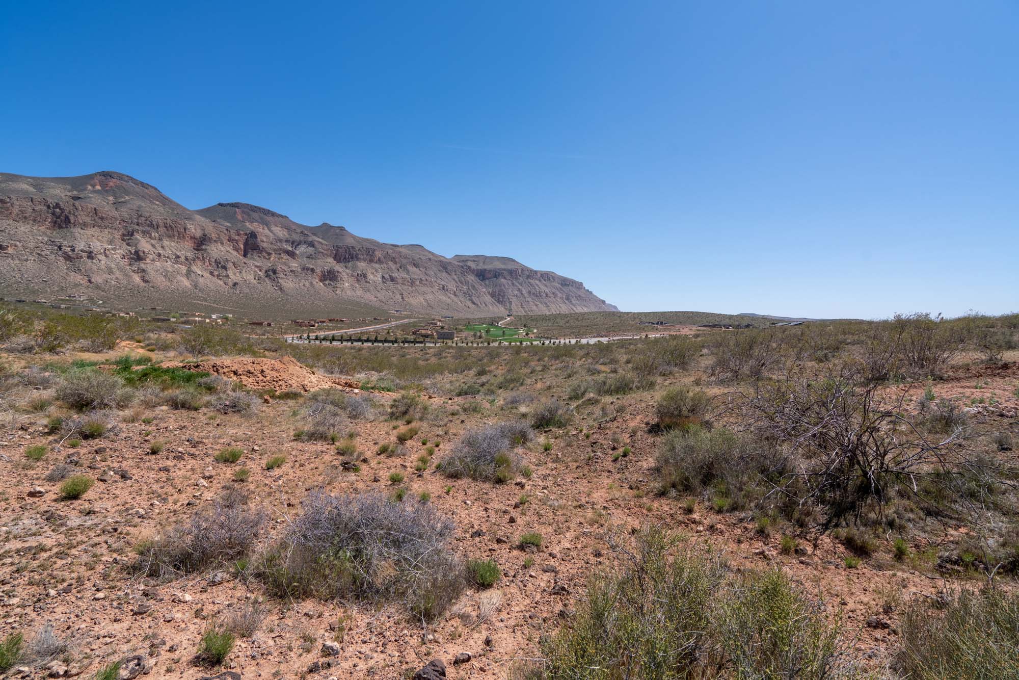 Expansive desert landscape with natural scrub brush and distant mountain ranges