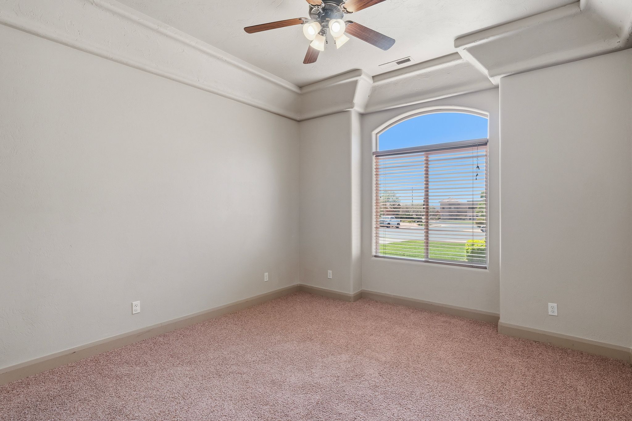 Bedroom 2: Arch-top window with blinds, tray ceiling, and a ceiling fan with light fixture