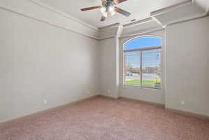Bedroom 2: Arch-top window with blinds, tray ceiling, and a ceiling fan with light fixture