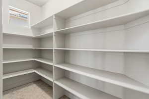 Spacious walk-in pantry featuring extensive built-in shelving, a corner window, and tile flooring