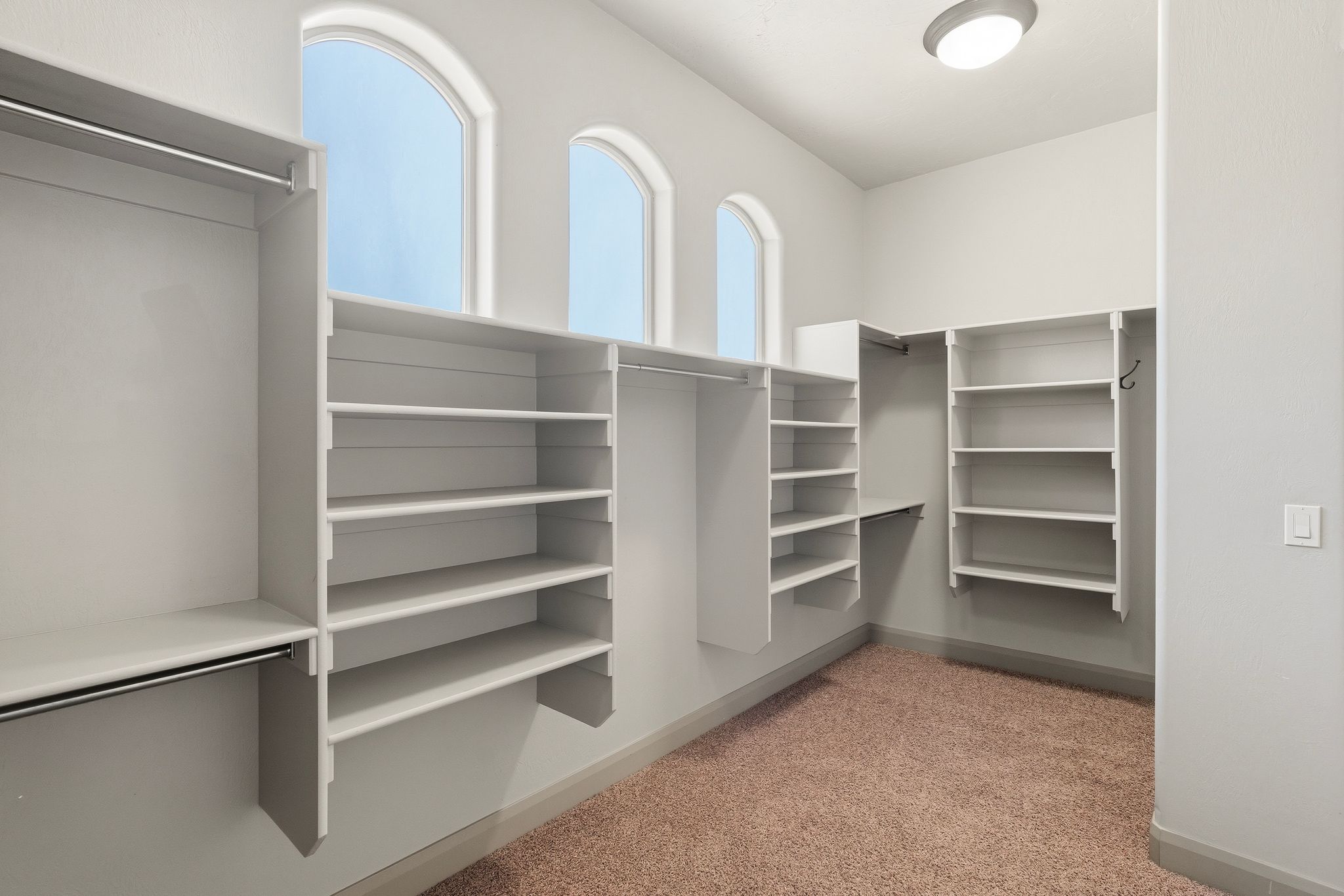 Primary suite, expansive walk-in closet featuring custom built-in shelving, multiple hanging rods, three arched windows, and soft carpet flooring