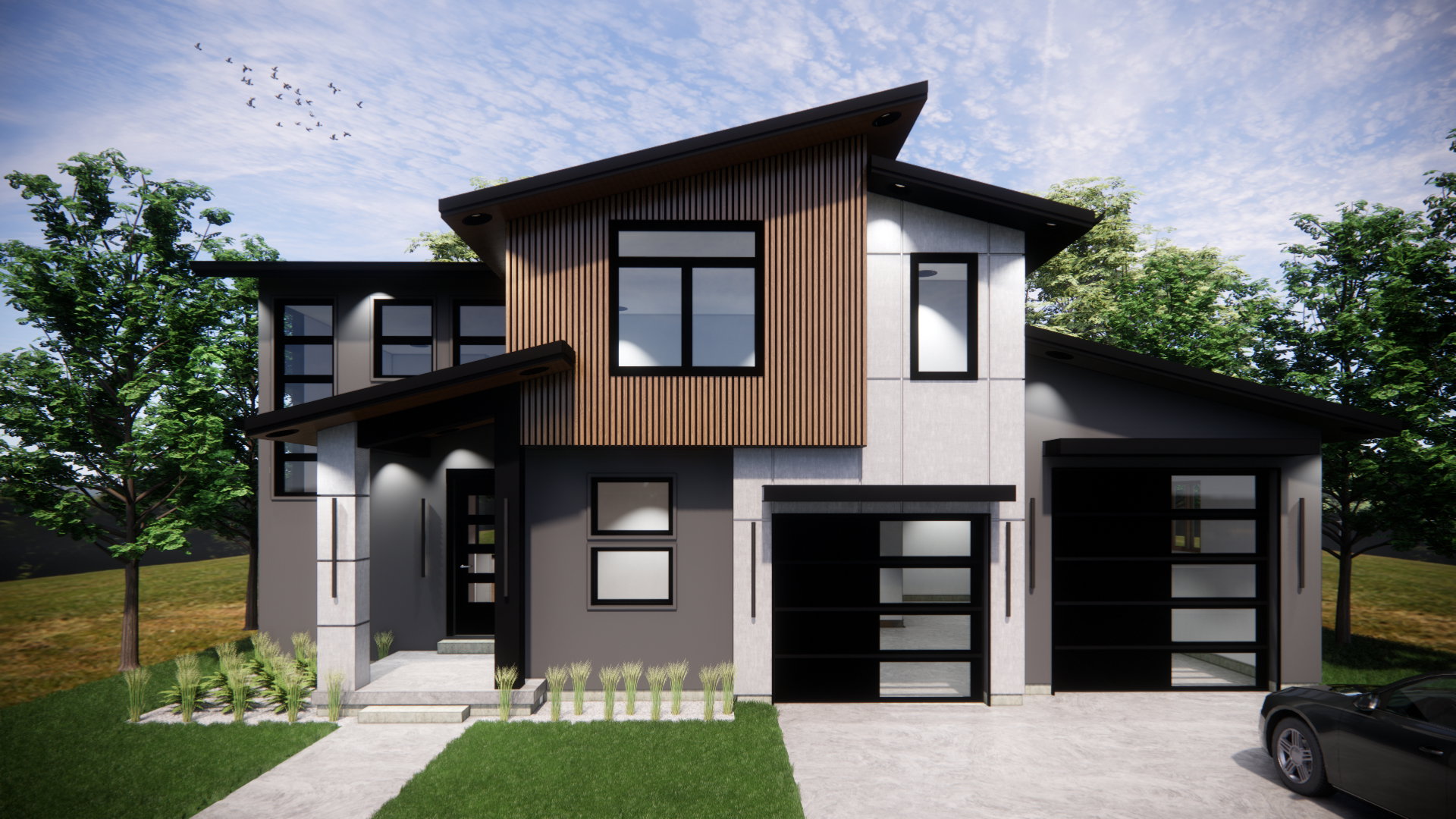 Contemporary facade featuring a multi-textured exterior, prominent wood-finish paneling, and a dual garage with modern glass-paneled doors