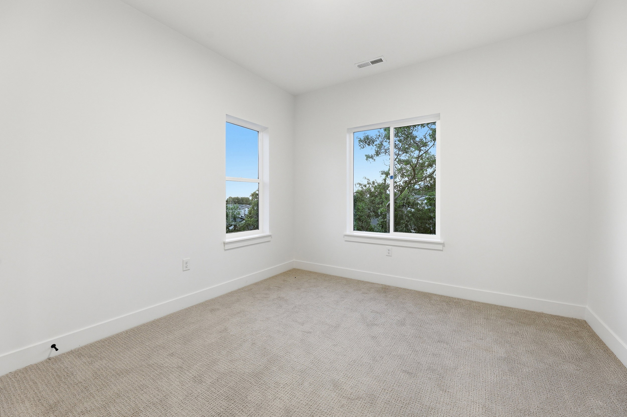 Carpeted interior with white walls, two windows, and white trim