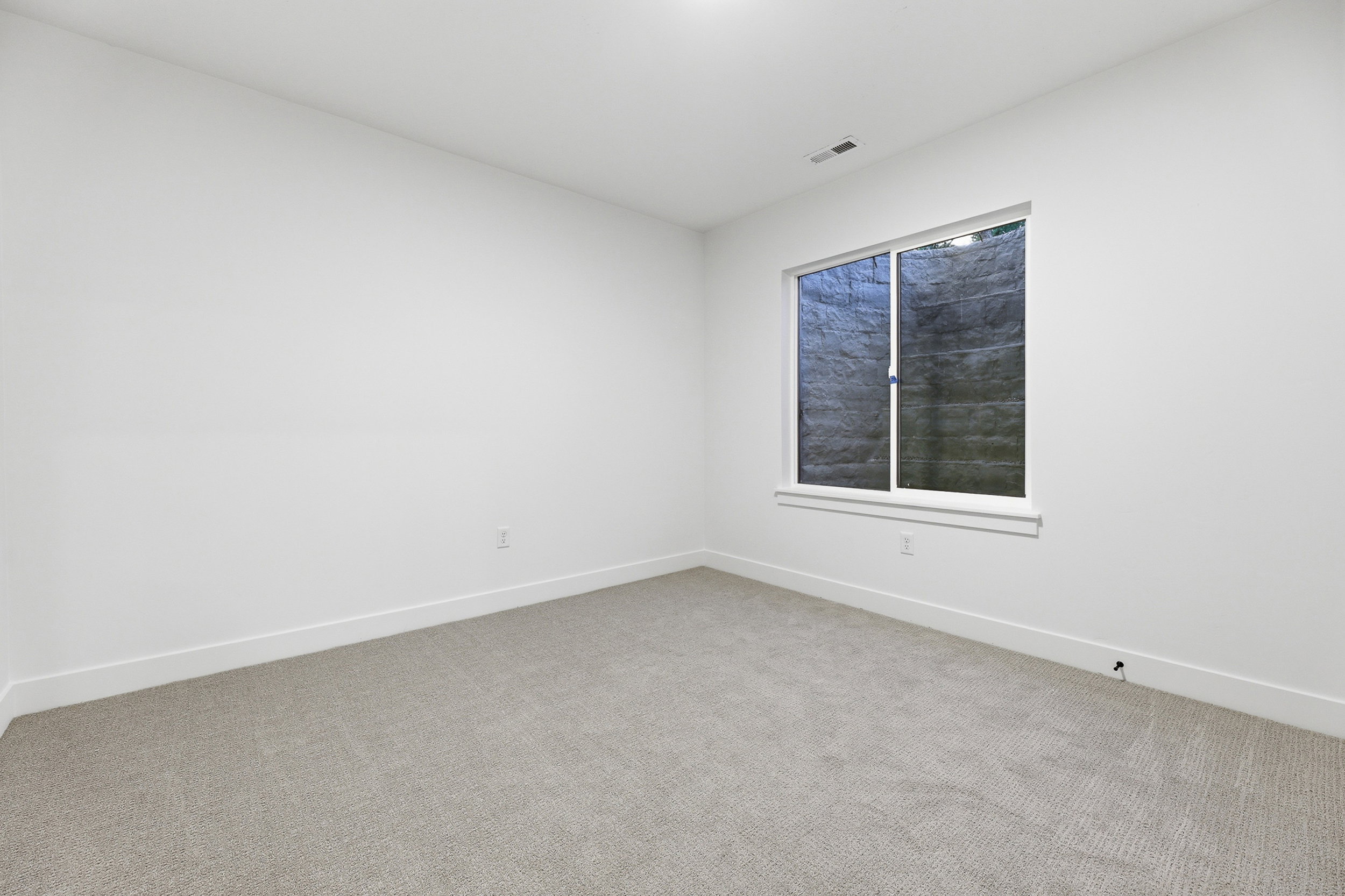 Bright room with light gray carpeting, white walls, and a white-trimmed window