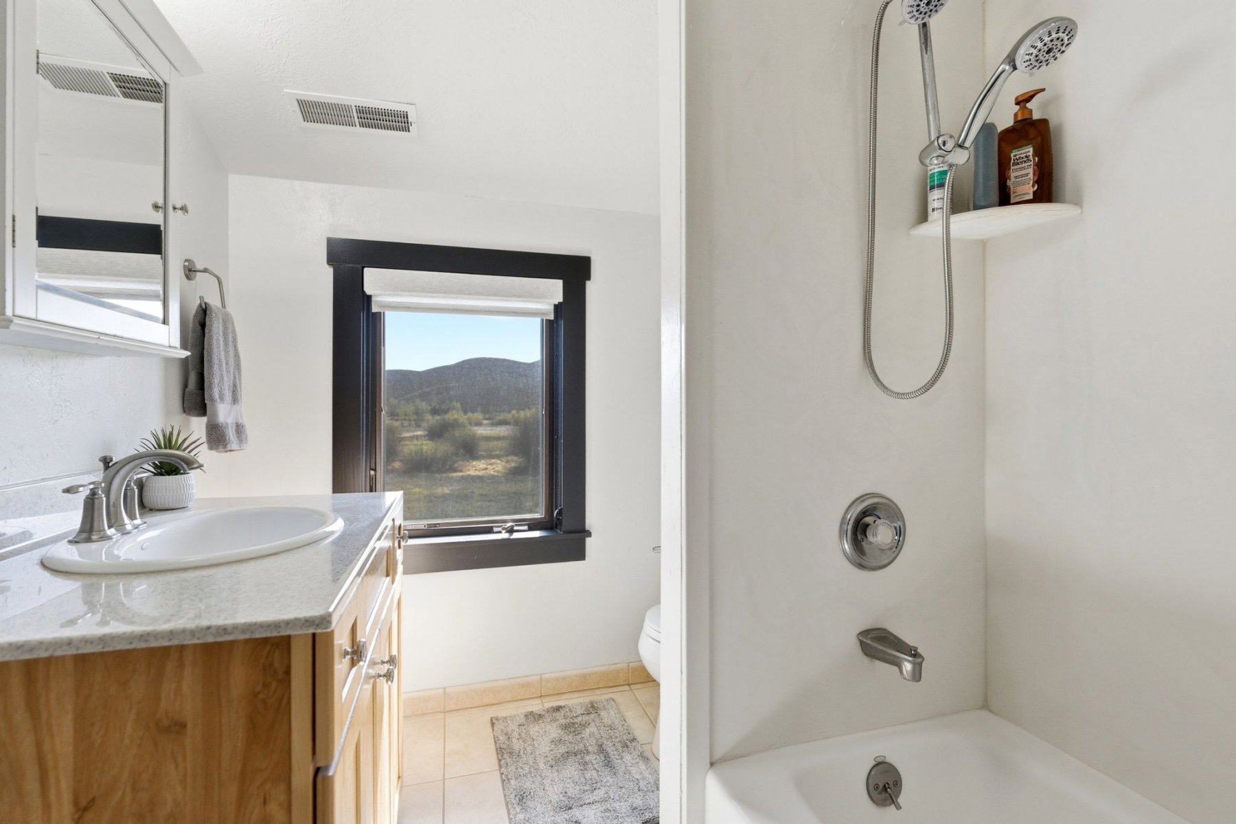 Bathroom featuring a wood-finish vanity with a light-toned countertop and an undermount sink