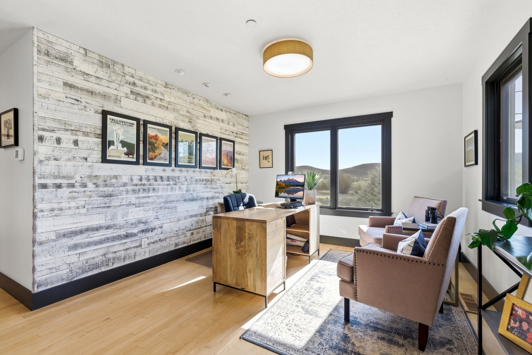 Accent wall featuring distressed wood paneling