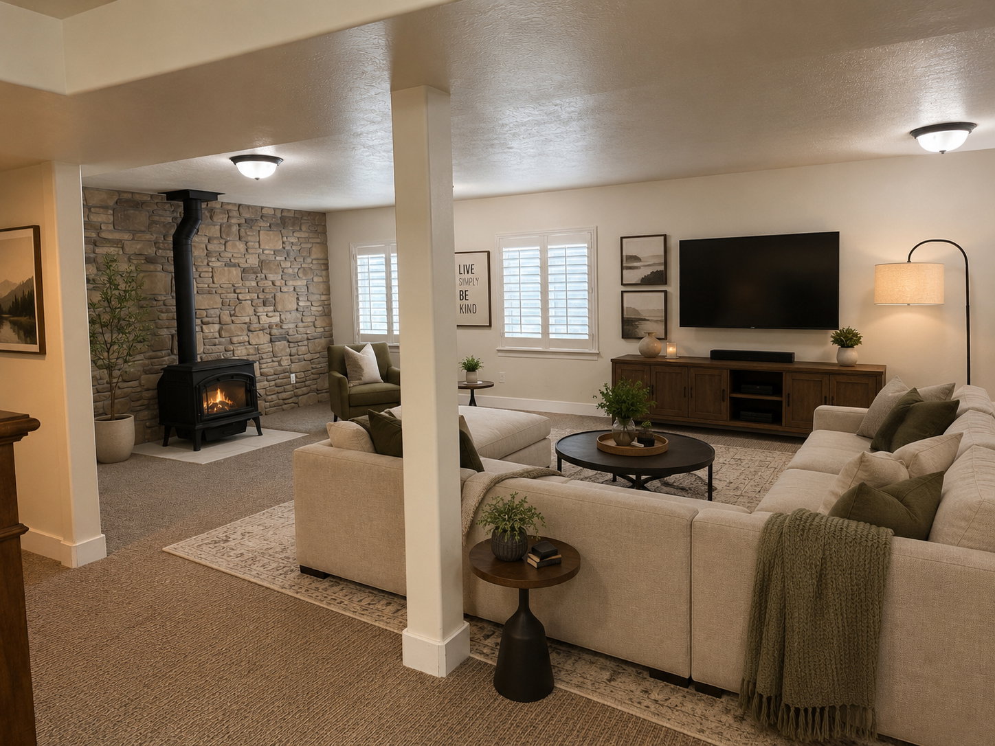 AI Generated Design/ Spacious living area featuring a stone accent wall, a black freestanding stove, and shuttered windows