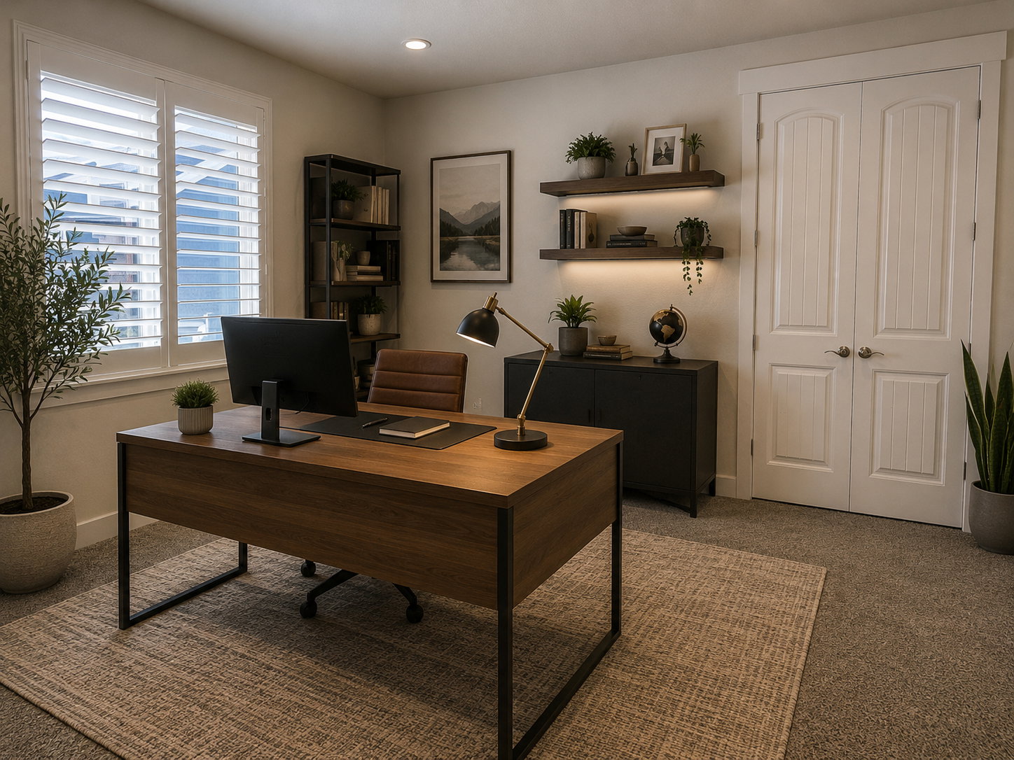 AI Generated Design/Main level Bedroom/Office Neutral tone wall color with white plantation shutters