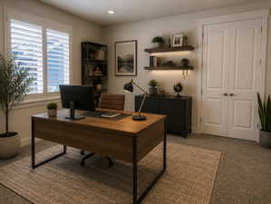AI Generated Design/Main level Bedroom/Office Neutral tone wall color with white plantation shutters