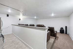 Theatre with full kitchen/Carpeted entertainment area featuring a raised seating platform