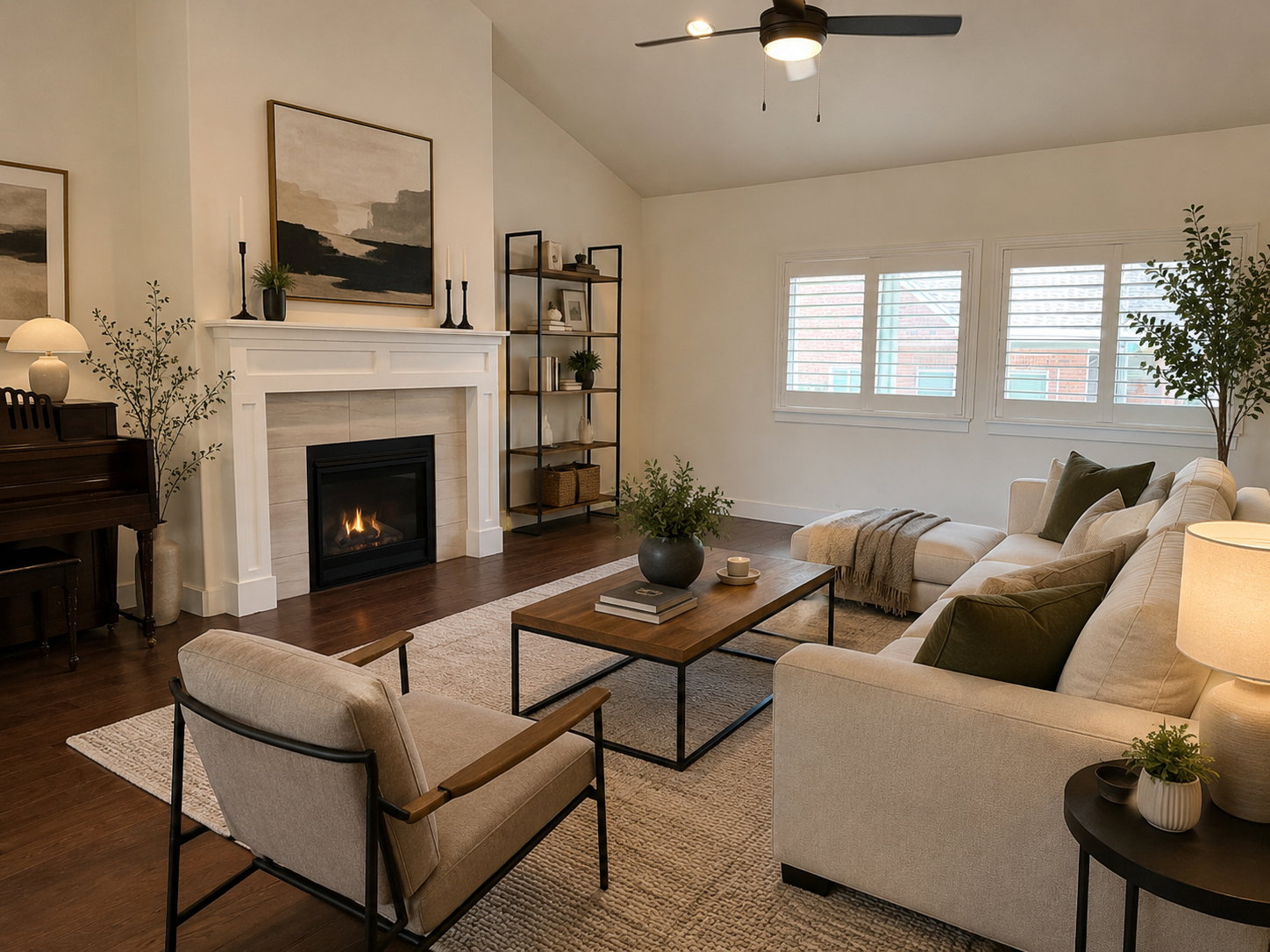 AI Generated Design/ Living space featuring a white mantel fireplace with a tiled surround, wood-finish flooring, and white plantation shutters