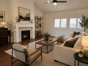 AI Generated Design/ Living space featuring a white mantel fireplace with a tiled surround, wood-finish flooring, and white plantation shutters