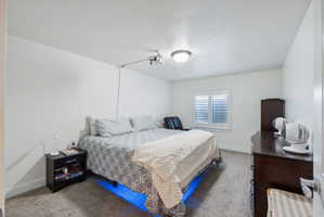 Bedroom featuring light gray carpet flooring, white walls, and a window with white louvered shutters