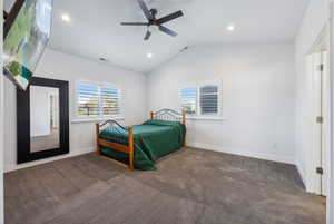 Custom built ADU/Spacious room featuring vaulted ceilings, recessed lighting, and soft gray carpeting