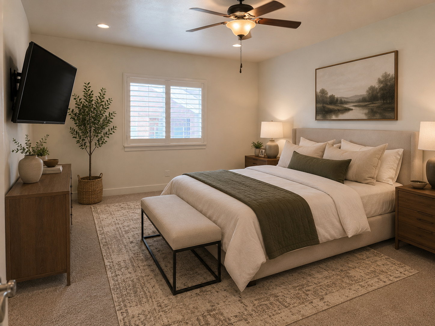 AI Generated Design/ Primary Bedroom. Spacious room featuring neutral wall tones, recessed lighting, a ceiling fan with light fixture, window with plantation shutters, and plush carpet flooring