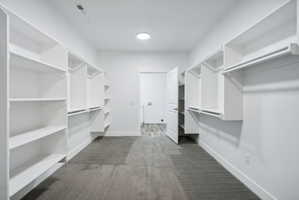 Custom built ADU/Spacious walk-in closet featuring extensive built-in shelving, hanging rods, and gray carpet flooring