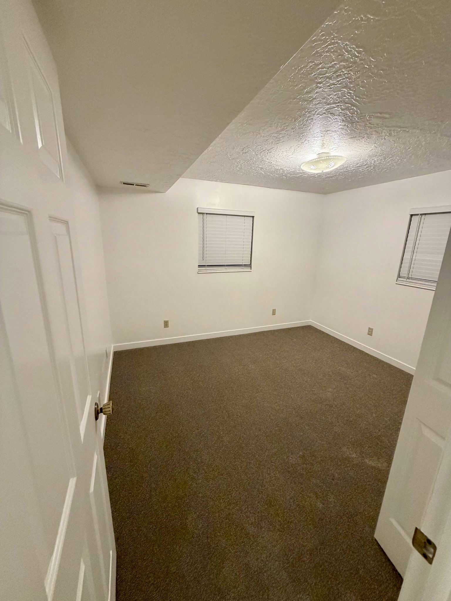 Carpeted room with white walls, baseboards, and two windows featuring horizontal blinds