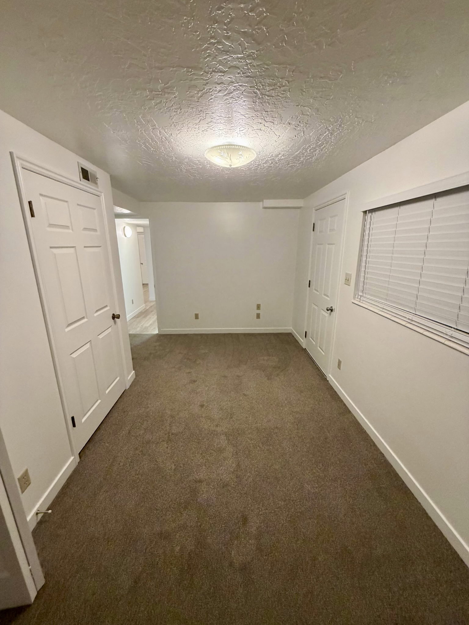 Carpeted interior space featuring white walls and white trim