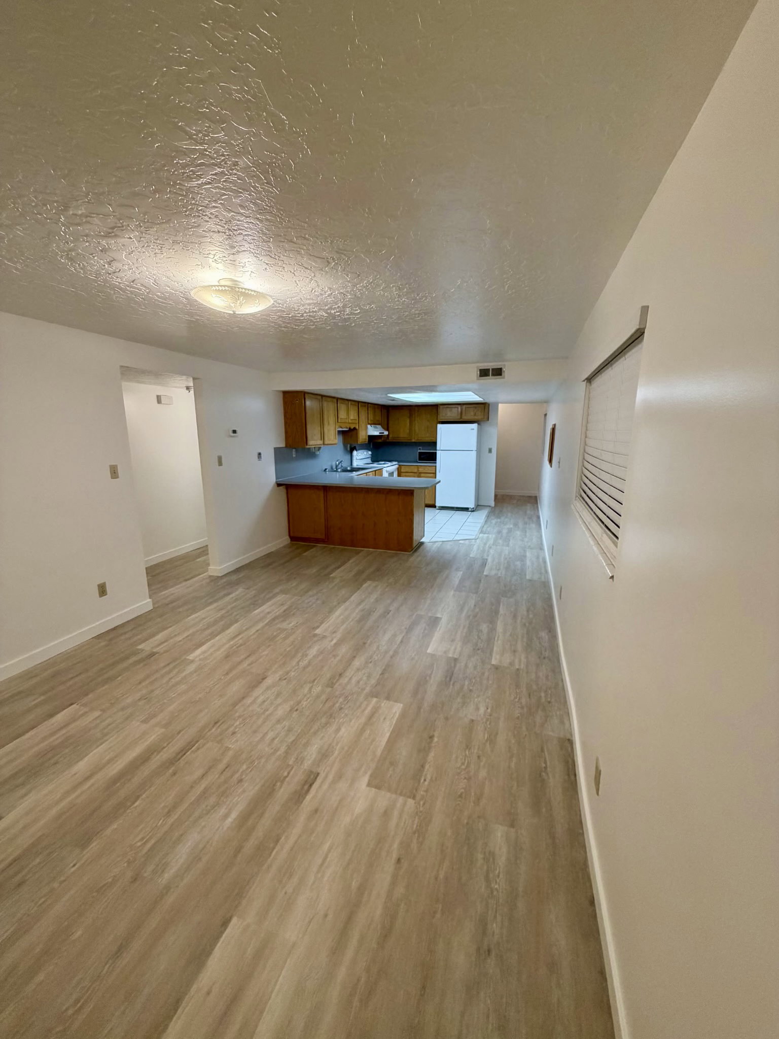 Open-concept living area featuring wood-finish flooring, textured ceilings, and recessed lighting