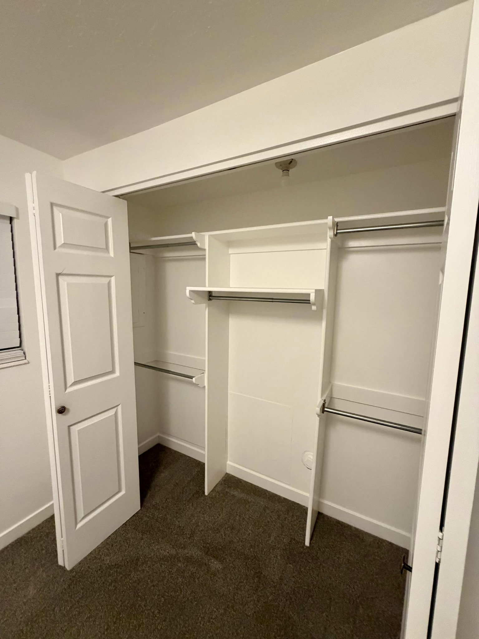 Closet interior featuring built-in shelving, multiple hanging rods, and dark carpeting