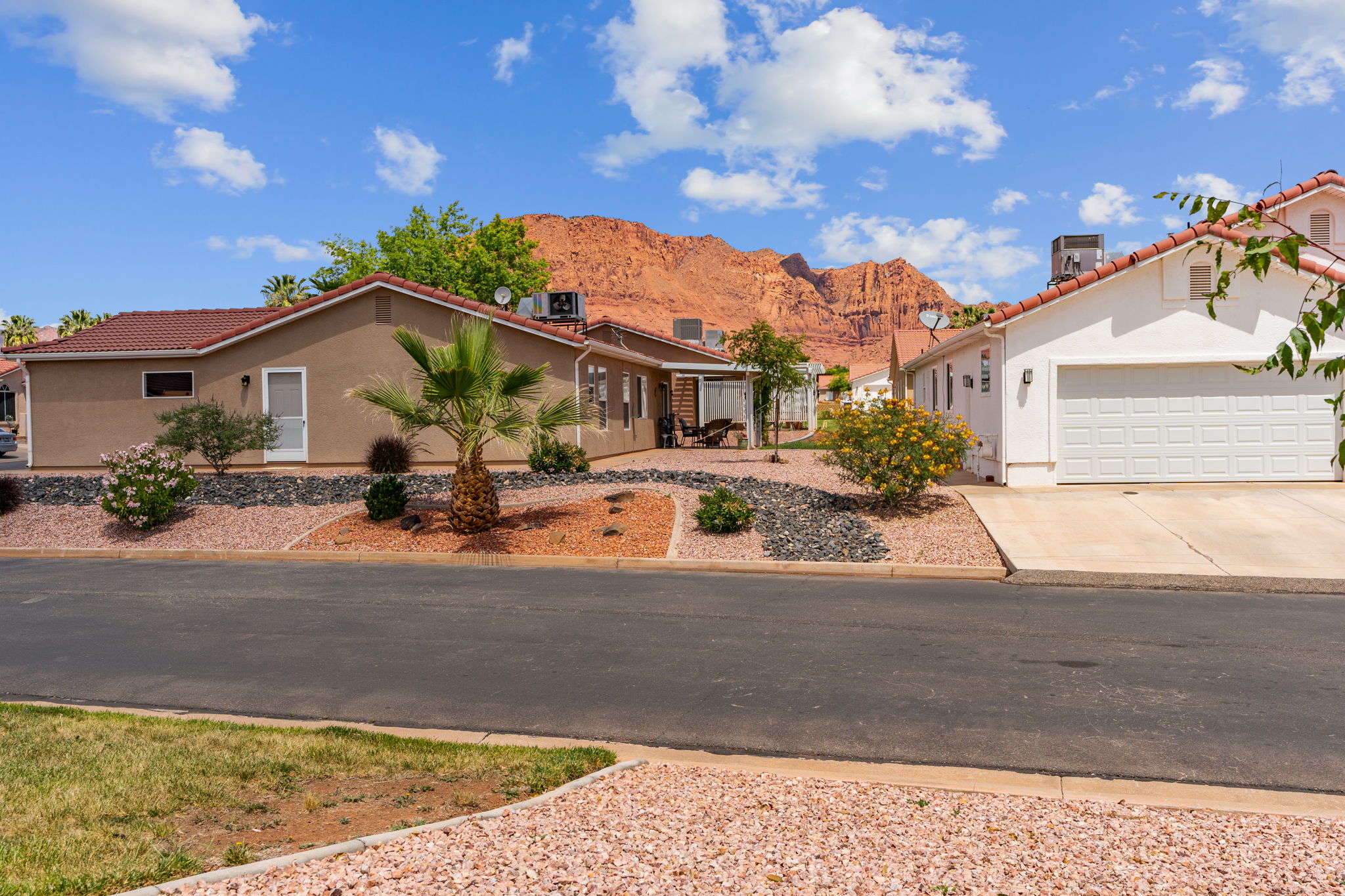 Exterior featuring a stucco finish, tile roof, attached garage, and xeriscaped landscaping with a prominent palm tree