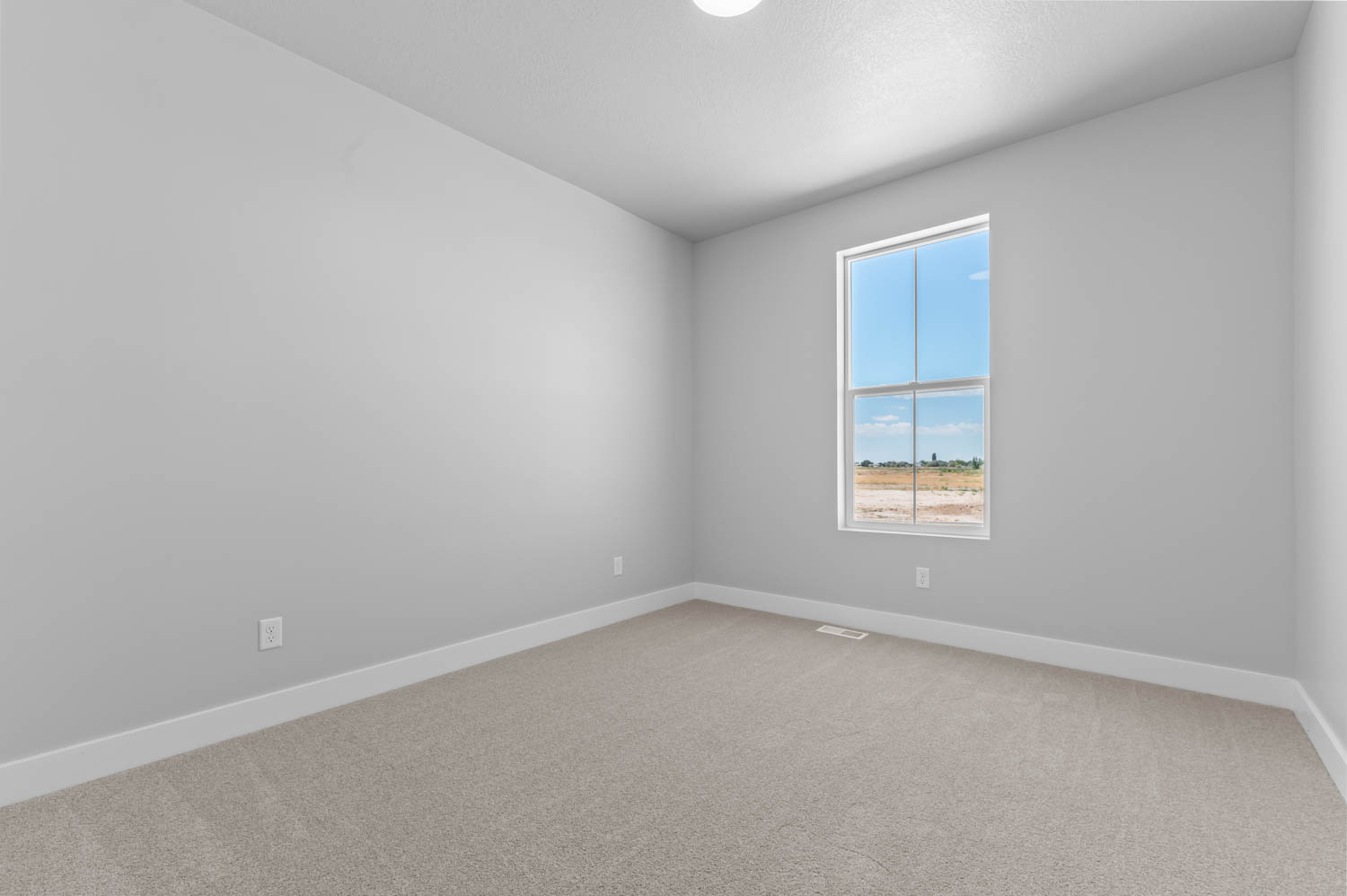 Neutral-toned interior room featuring light gray walls, white trim, and light beige carpeting