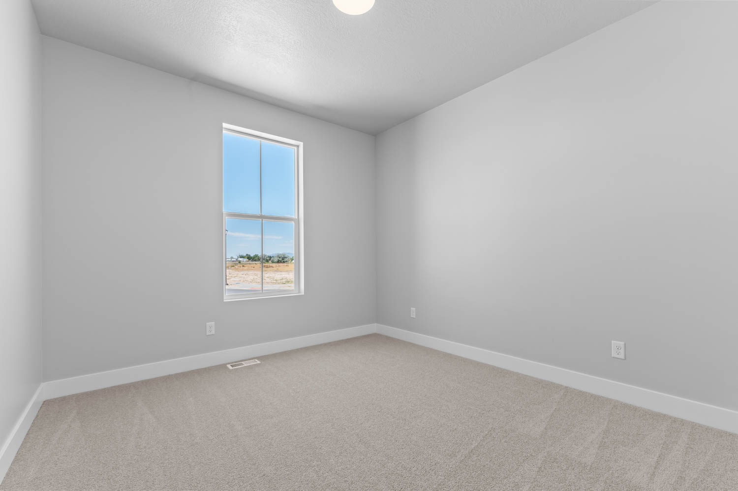 Neutral-toned carpeting paired with white baseboards
