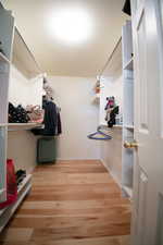 Walk-in closet featuring light wood-finish flooring, white built-in shelving, hanging rods, and a ceiling-mounted light fixture